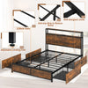 King Size Bed Frame Metal Platform Bed w/ 4 Storage Drawers & Charging Station