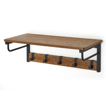 Metal Coat Rack with 5 Hooks & Shelf Wooden Rack Clothes Hat Hanger Wall Mounted