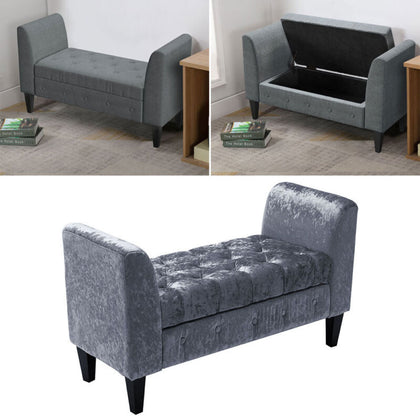 Velvet Padded Bed End Bench Storage Box Ottoman Stool Armed Hallway Window Seat