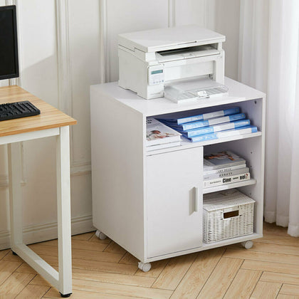 Printer Stand With Wheels Wooden File Cabinet Cart Storage Shelves Home Office