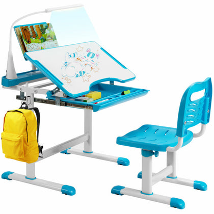 Kids Desk and Chair Set Adjustable Student Study Table W/Drawable Tabletop &Lamp