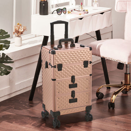 Rose Gold Makeup Trolley Train Case Beauty Cosmetic Vanity Case Box Wheel Drawer