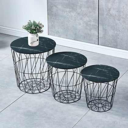Set of 3 Nested Table Side Table Storage Basket Metal Wire Black Marble Effect