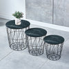 Set of 3 Nested Table Side Table Storage Basket Metal Wire Black Marble Effect