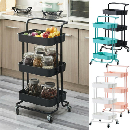 3 Tiers Kitchen Trolley Cart Slim Rolling Storage Rack Tray Shelf Rolling Wheels