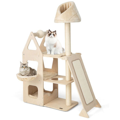 Multi-Layer Wooden Cat Tree 156cm Tall Cat Tower Modern Kitten Activity Center