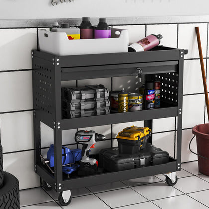 Tool Storage Heavy Duty Garage Trolley Workshop Cart Shelf 3 Tires/Wheels/Drawer