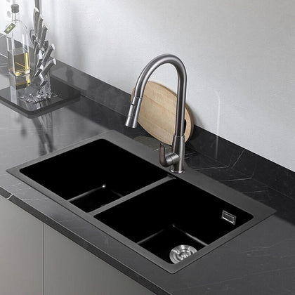 Large Stone Resin 2.0 Kitchen Sink with Waste Kit Inset Sinks 2 Deep Bowls Black