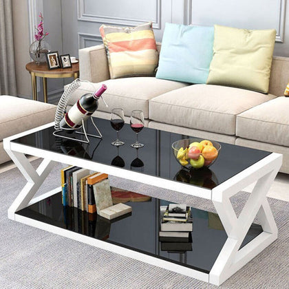 Rectangle Black Tempered Glass Coffee Table Modern Living Room with Lower Shelf