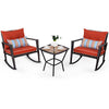 Outdoor 3 PCS Patio Rattan Wicker Rocking Bistro Set W/ Glass Table & Cushions
