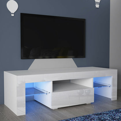 White TV Stand Cabinet Cupboard High Gloss Front Matt Unit Glass Shelf LED Light