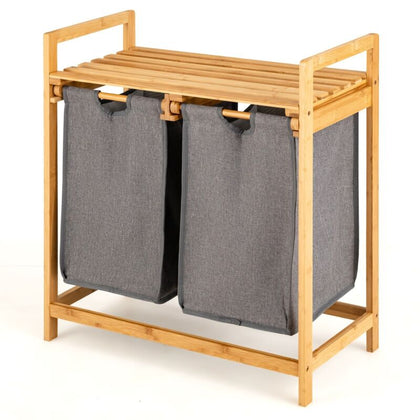 2-Section Laundry Sorter Basket Bamboo Laundry Hamper w/ Removable Sliding Bags