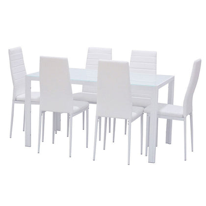 Modern White Glass Dining Table with 6 Faux Leather Chairs Living Room Kitchen
