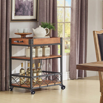 Industrial Wine Trolley Serving Tray Cart Wooden Drinks Bar Storage Wine Shelves
