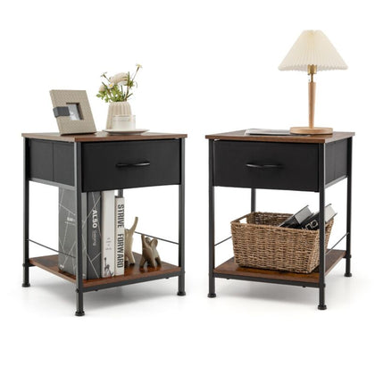 2 PCS Nightstand 2-tier End Table Sofa Side Table with Drawer and Open Shelf