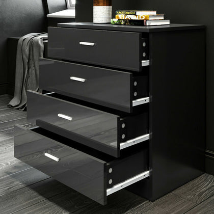 Black High Gloss Chest of 4 Drawers Home Bedroom Furniture Set Storage Cabinet
