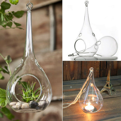 6x Drop Shape Glass Tea light Candle Holders Hanging Home Decor Candlestick UK