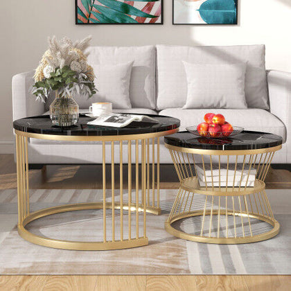 Round Nesting Coffee Table Set of 2 Marble Effect Side End Table Living Room NS