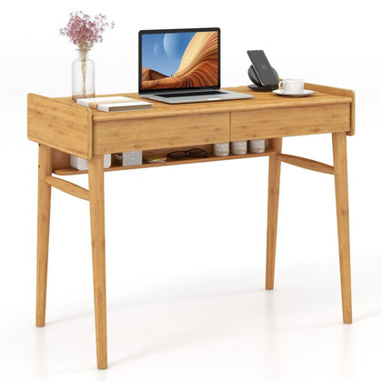 Modern Bamboo Computer Desk Study Writing Desk Workstation W/ 2 Storage Drawers