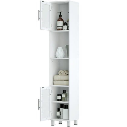 Bathroom Tall Cabinet Slim Freestanding Storage Organizer Cupboard 2 Glass Doors