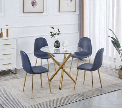 4x Blue PU Leather Dining Chairs Tempered Glass Dining Table Golden Chromed Legs