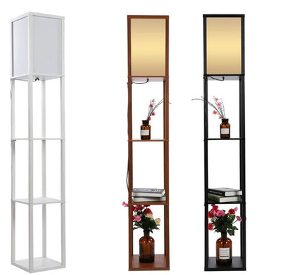 Modern Floor Lamp Standing Light w Wooden Storage Shelf Fabric Shade 220V