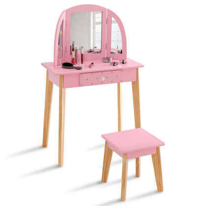 Kids Dressing Table and Stool Set Girls Vanity Table with Tri-Folding Mirror