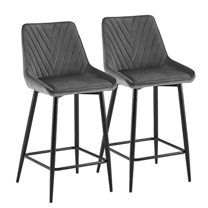 2x Velvet Grey Bar Stool Kitchen Counter Breakfast Chair Pub Restaurant Cafe