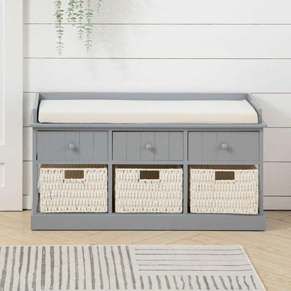 Grey Twin Seater Storage Bench w/ Drawers Wicker Baskets Cushion Wood Cabinet UK