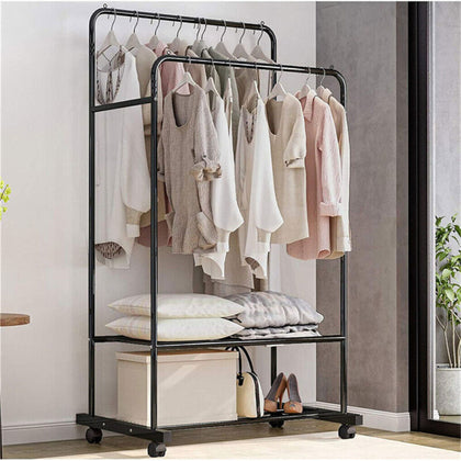 Portable Rolling Clothes Rail Metal Dual-bar Garment Rack Stand Corner Boutique