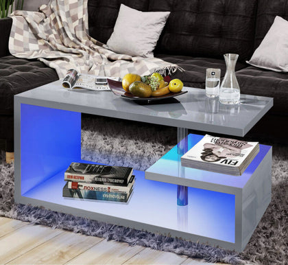 LED Coffee Table With Storage Wooden High Gloss Living Room Furniture Sofa Table