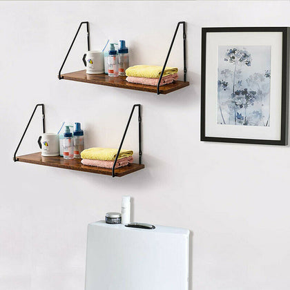 Set of 2 Wood Rustic Shelves Wall Hanging Metal Shelves Mounted Floating Shelves