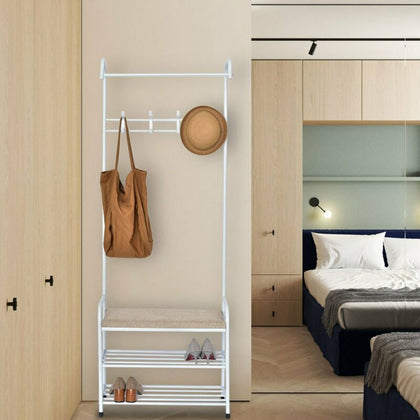 White Metal Clothes Hanging Rail Clothing Coat Stand with Shoe Rack Shelf Bench