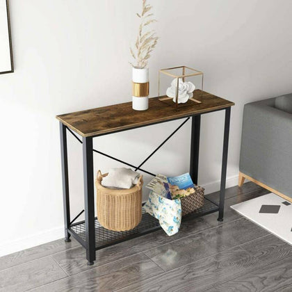 Industrial Slim Console Table Side End Table w/ Mesh Shelf Entryway Hallway