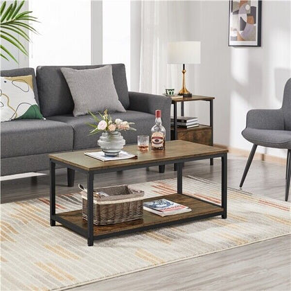 Industrial Wood Coffee Table with Storage Shelf and Metal Frame for Living Room