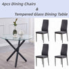 4x Black Fabric Dining Chairs & Round Glass Dining Table Black Metal Legs Set