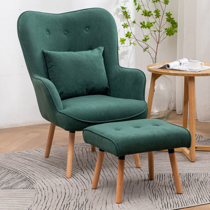 Velvet Upholstered Armchair with Footstool Cushion Retro Wing Back Sofa Chair