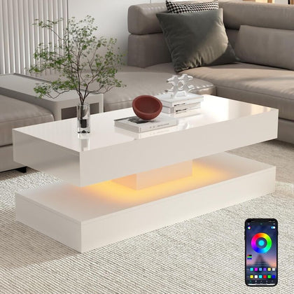 Coffee Table LED High Gloss White Rectangle Cocktail Table Modern Living Room