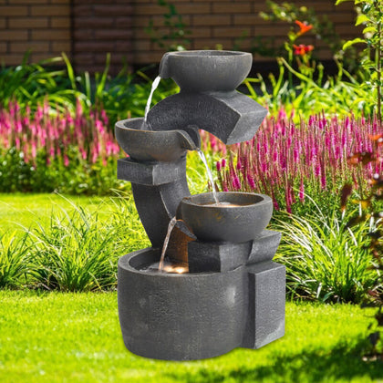 C-Shaped Bowls Cascading Water Fountain Feature Garden Statue With LED Lights UK