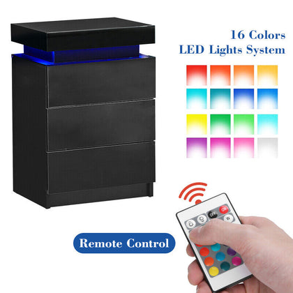 Black Bedside Table LED High Gloss 3 Drawers End Table Cabinet Bedroom Modern