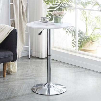 Round White MDF Top Silver Chromed Base Bar Table Pub Table Height Adjustable