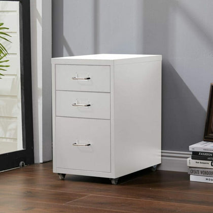 3 Drawers Metal Home Office Filing Cupboard Unit on Castors Cabinet White/Black