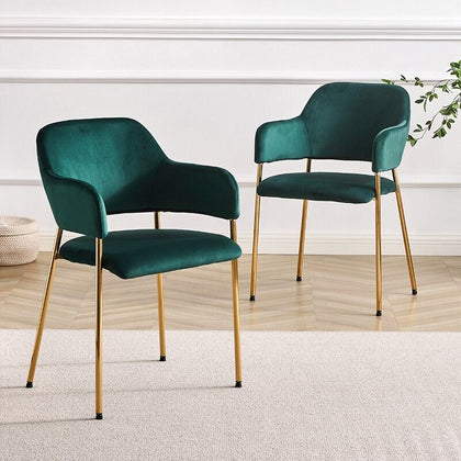 2*Green Velvet Dining Chairs Golden Leg Armchairs Kitchen Restaurant Cafe Chairs
