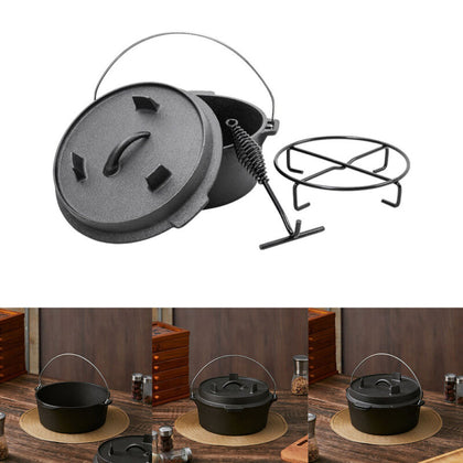 Pre-seasoned Cast Iron Dutch Oven Stockpot Camping Stew Pots w/ Lid Lifter Stand