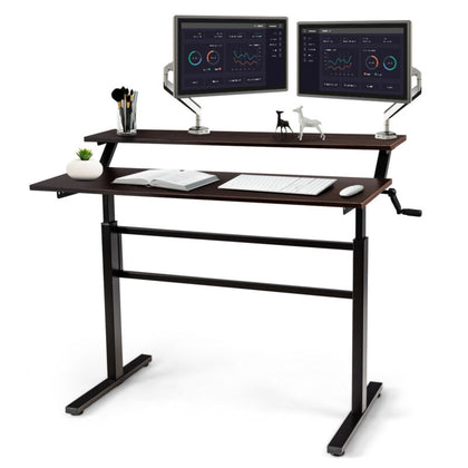 Two-Tier Sit to Standing Desk Height Adjustable Laptop Table w/Crank Handle Home