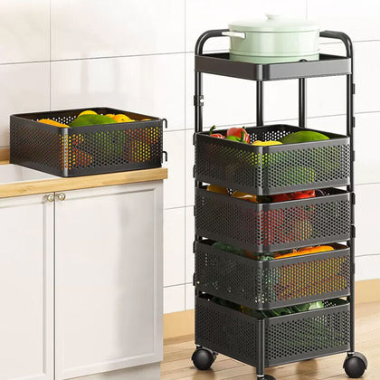 Mobile Kitchen Rotating Shelving Cart Vegetable Storage Basket Space Saving Rack