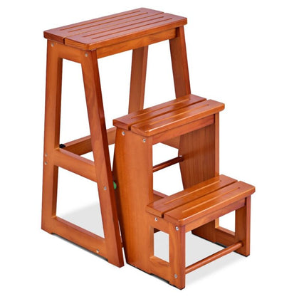 3-Tier Folding Step Stool 3-in-1 Wooden Stepladder Portable Display Flower Shelf