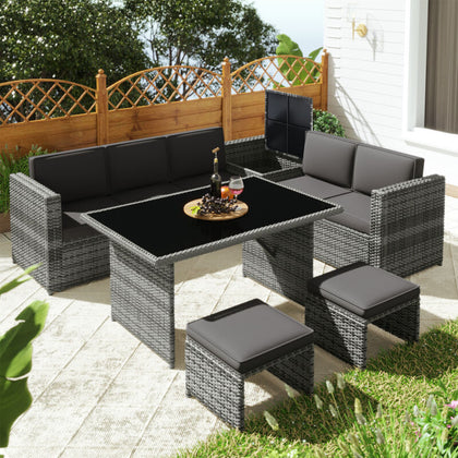 Rattan Garden Furniture 7 Seater Corner Sofa Stool Dining Table Outdoor Set Grey