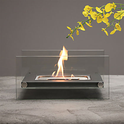 Bioethanol Fireplace Table Burner Bowl Steel & Glass Rectangle Fire Pit in Black