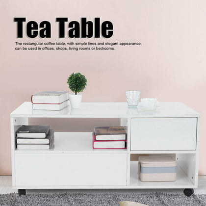 Double Decks LED Coffee Table Drawer Storage White Rectangular for Living Room